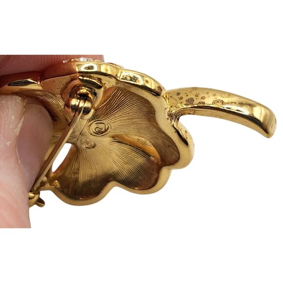 Vintage Swarovski Swan Signed Clover Brooch Gold Tone Rhinestone Shamrock Pin - Picture 5 of 7